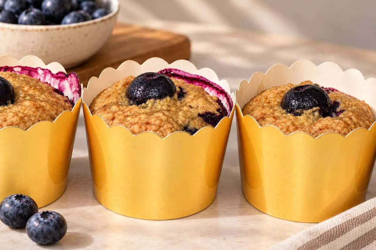 Blueberry oat muffins in yellow paper cases with blueberries on top