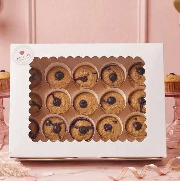 Box of blueberry oat muffins with the MiTi seal