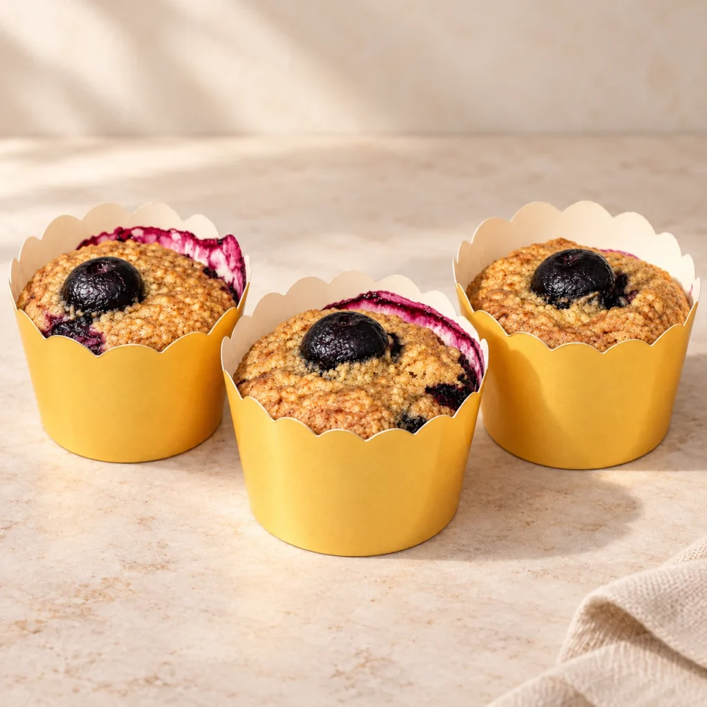 Blueberry oat muffins in golden paper cases