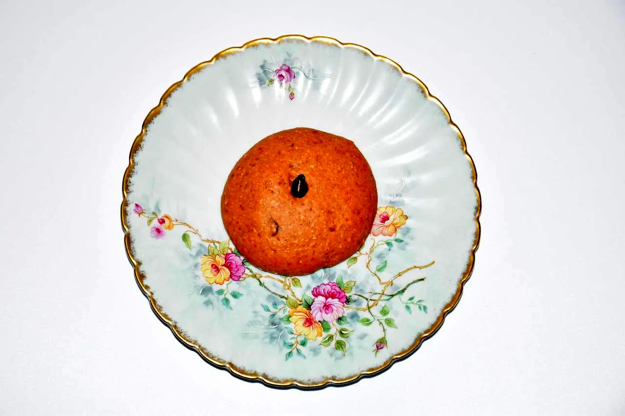 A single oat cookie on a white floral plate