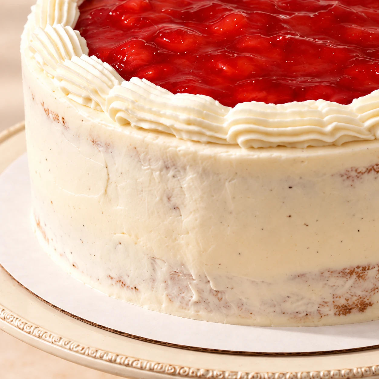 Detail of white cake frosting, piped rim and glossy red topping
