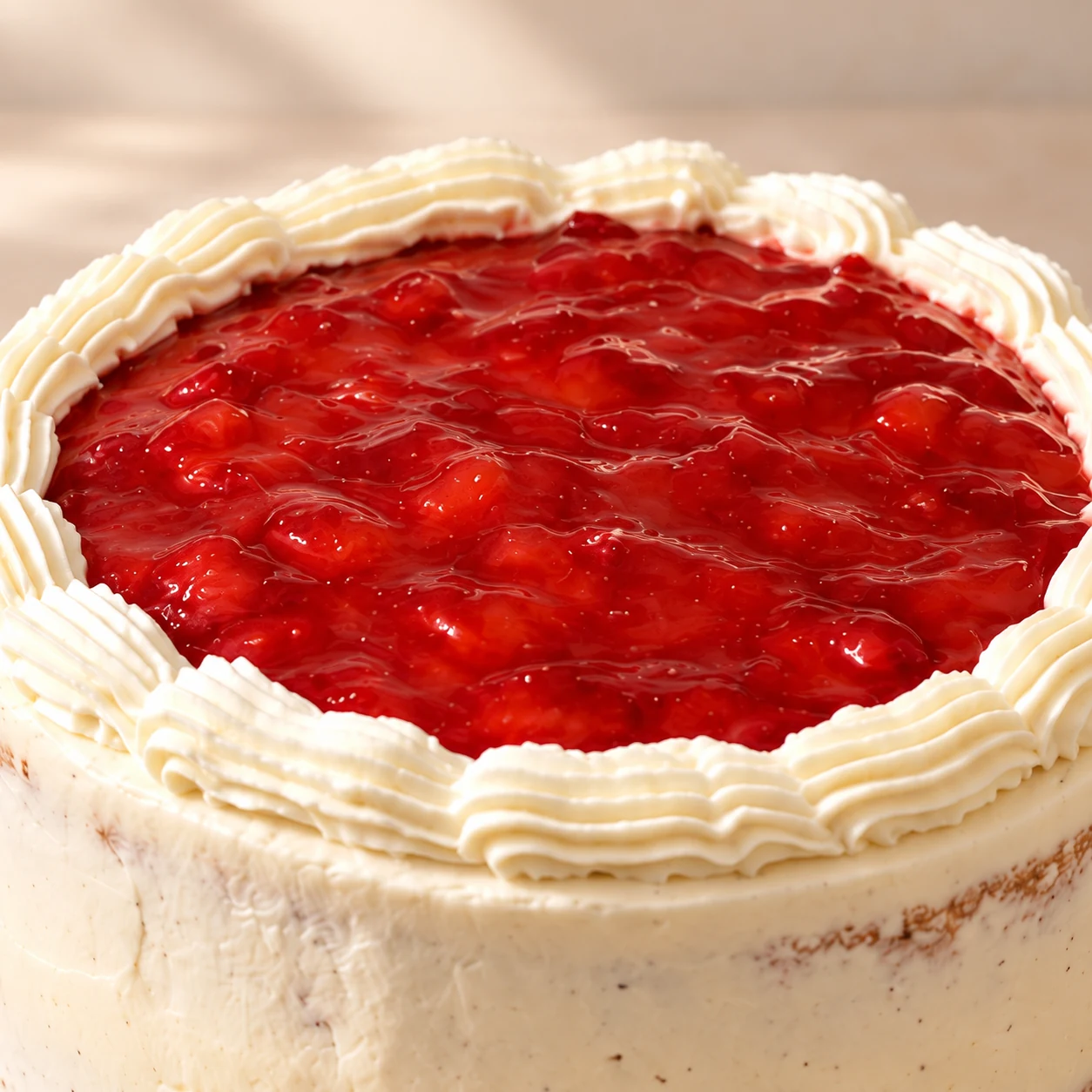 Close-up of glossy red cake topping with a white piped frosting border